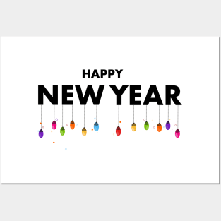 Happy new year text with hanging colorful light bulbs Posters and Art